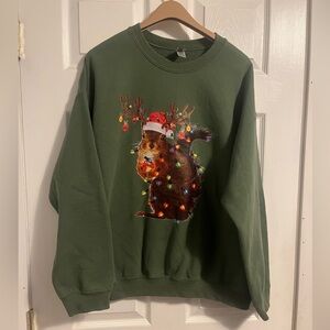 Gildan Green Crewneck Sweater with Festive Squirrel Design